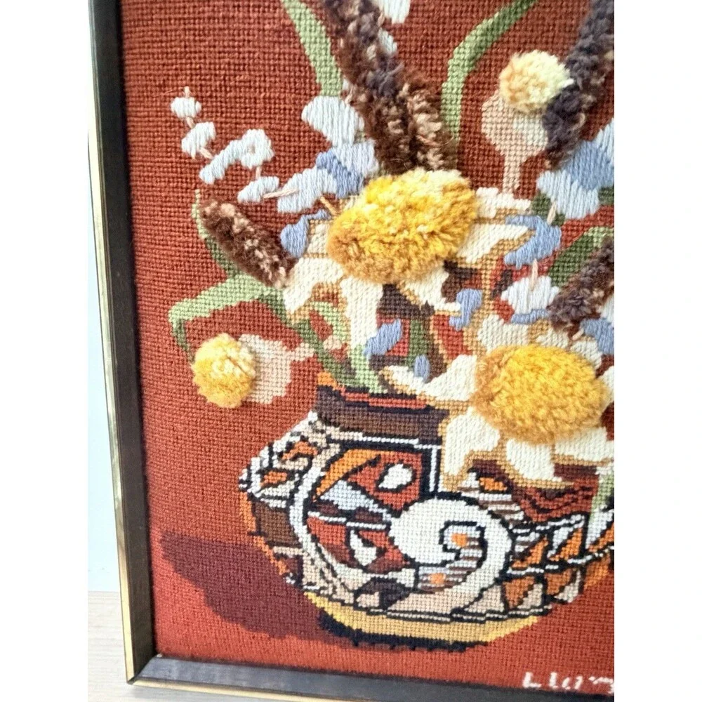VTG Completed Needlepoint Crewel Large Stitchery Indian Heritage Bouquet 70s Art